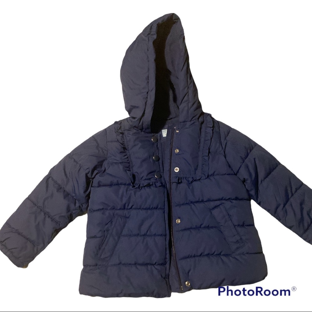 Size 5 navy blue Baby Gap puffer jacket with lace trim around front